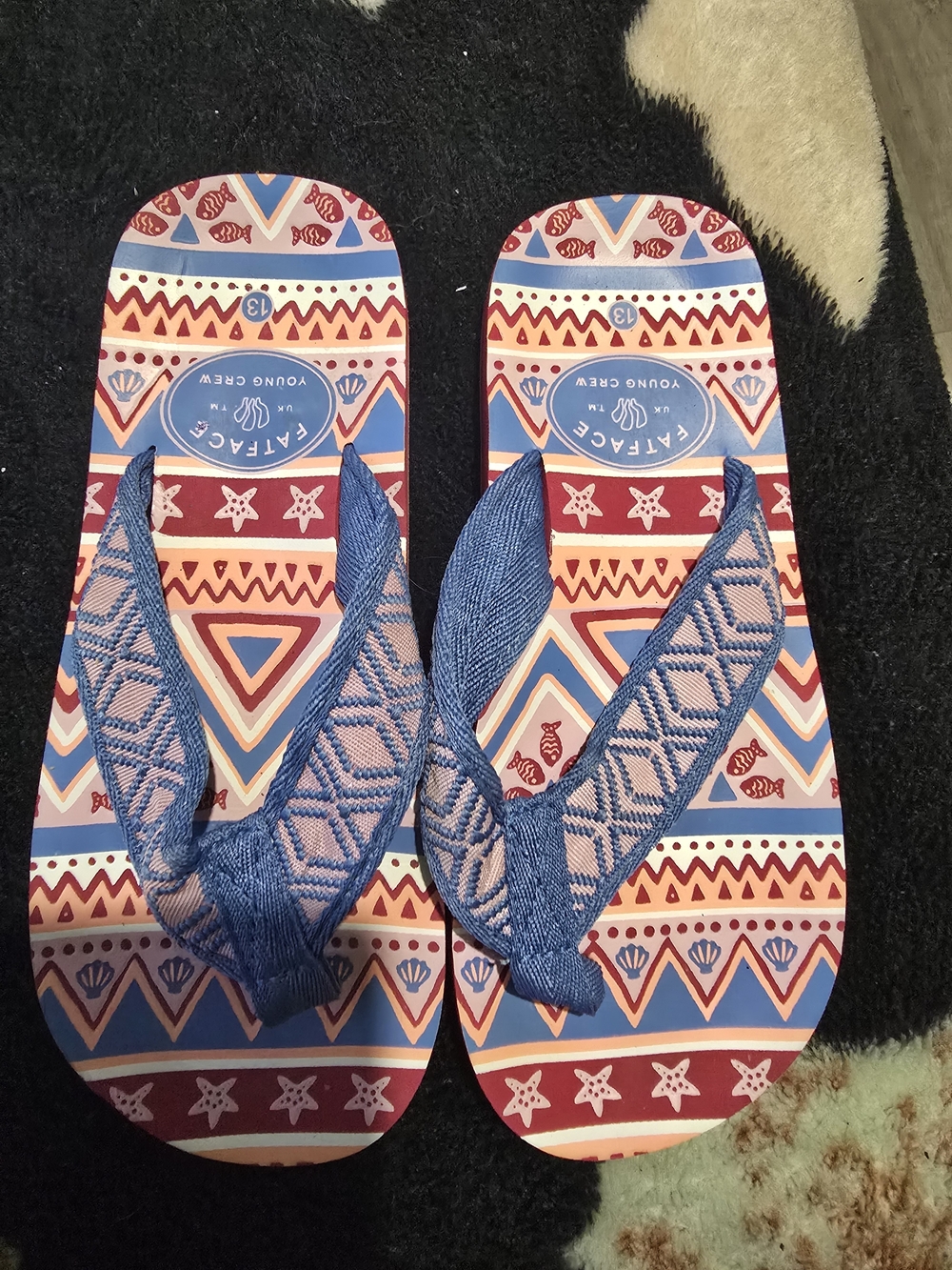 Fat Face Red and Blue Tribal Flip Flops